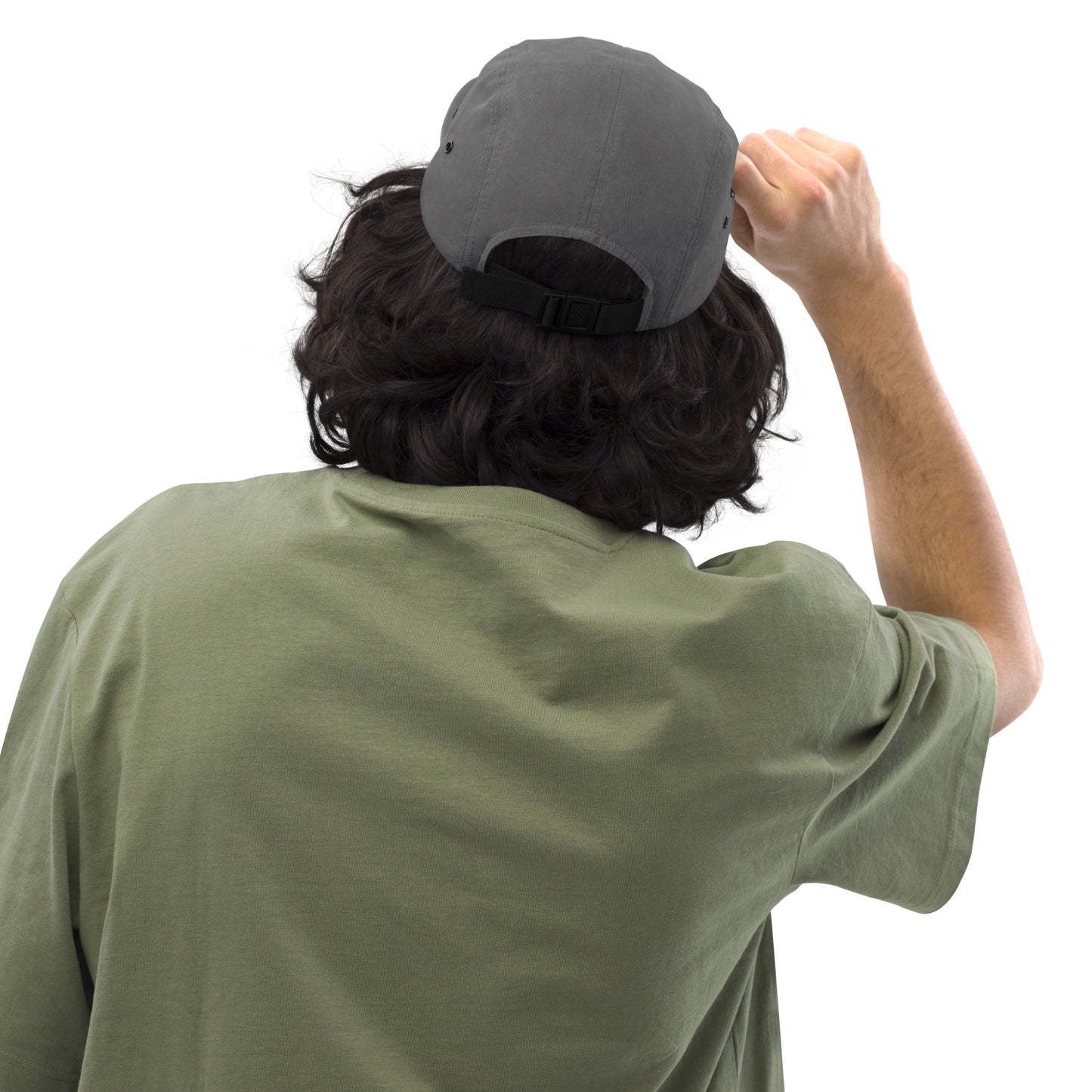 Chillhawk Five Panel Cap grey - back view of a person with medium-toned skin and dark, wavy hair, wearing the grey cap and an olive green t-shirt, adjusting the strap on the back of the cap with their right hand.